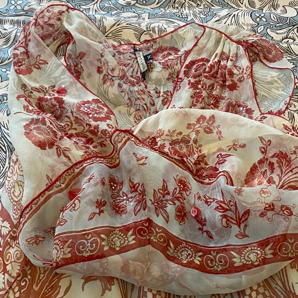Floral Sheer Blouse with Red Accents